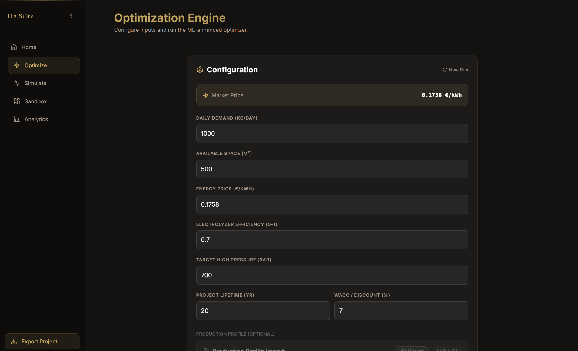 Optimization Engine input form showing configuration fields for Daily Demand, Available Space, Energy Price, Electrolyzer Efficiency, Target High Pressure, Project Lifetime, and WACC